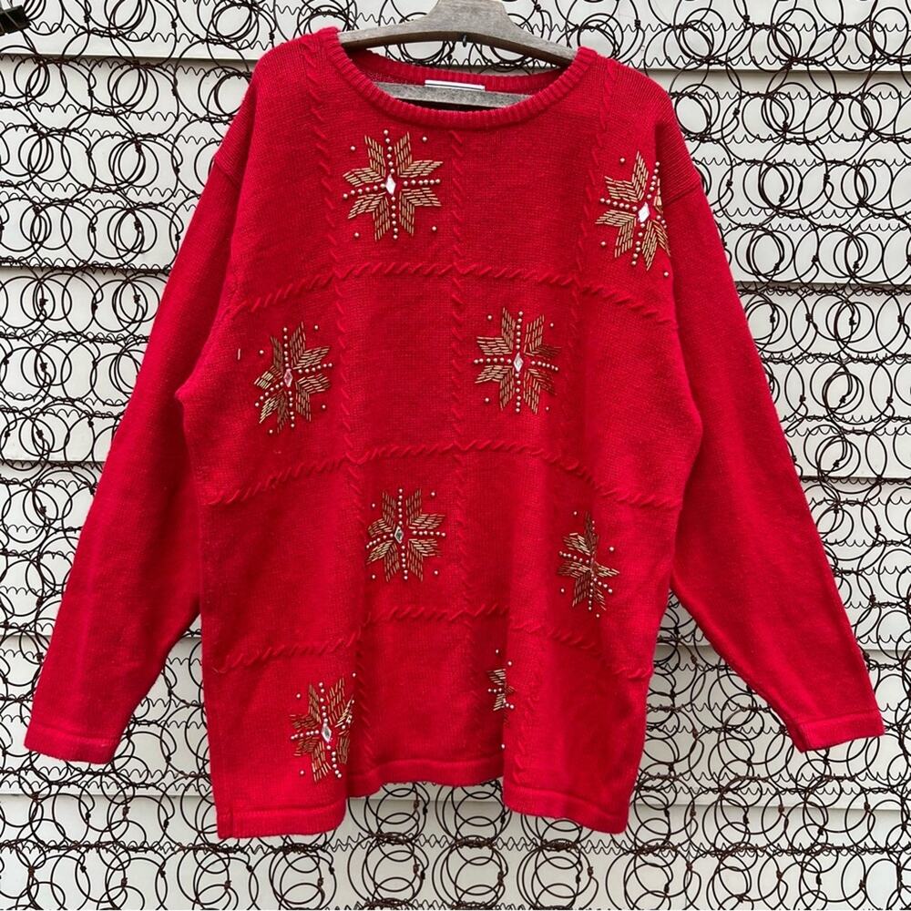 Vintage 90s August Max oversize VOLUP knit red holiday sweater beaded snowflakes